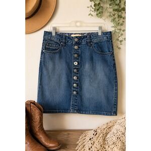 Button Front Denim Mini Skirt Womens 8 Embroidered Pockets Western Boho Festival